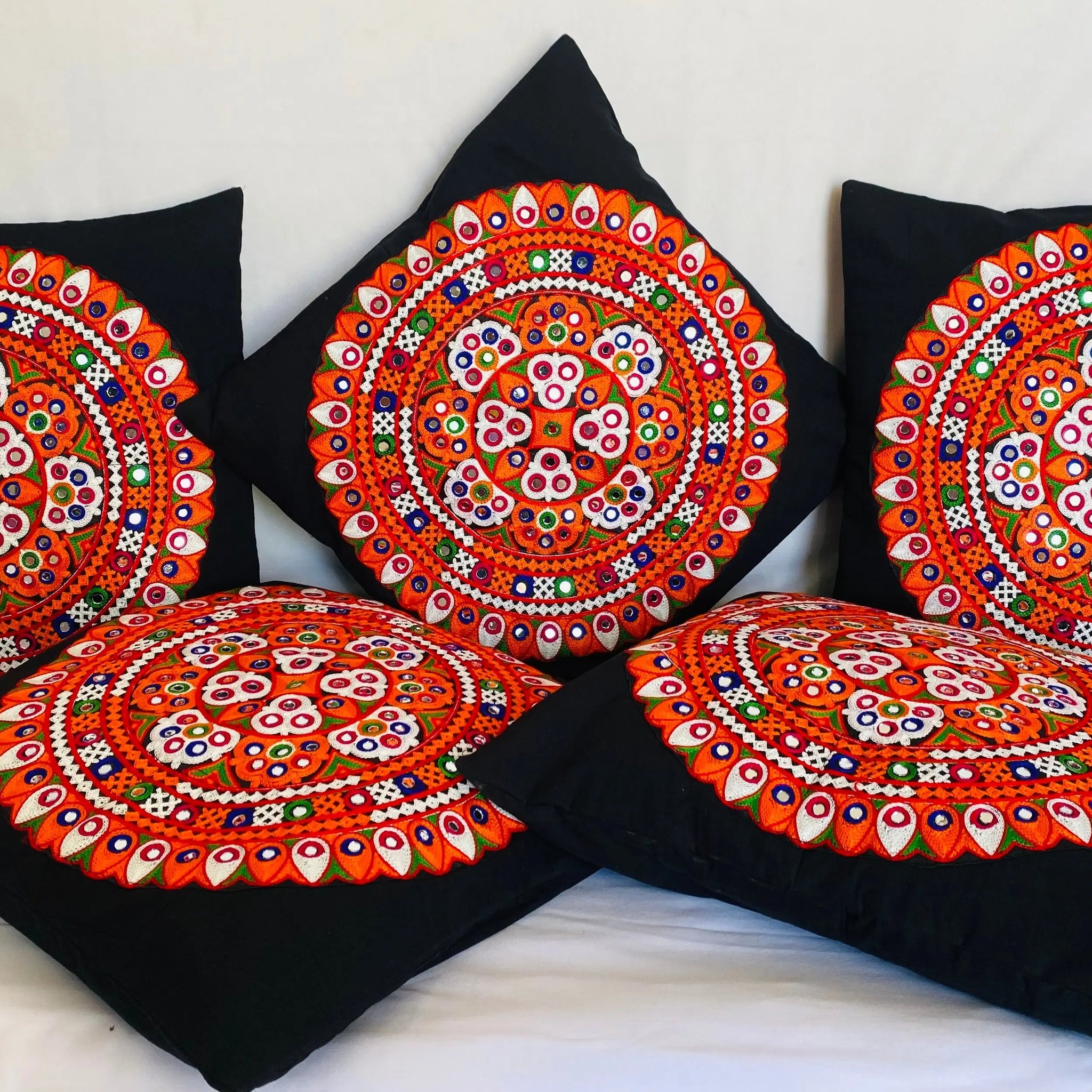 Black Round Kutchhi Embroidered Cushion Cover RAKHIYO