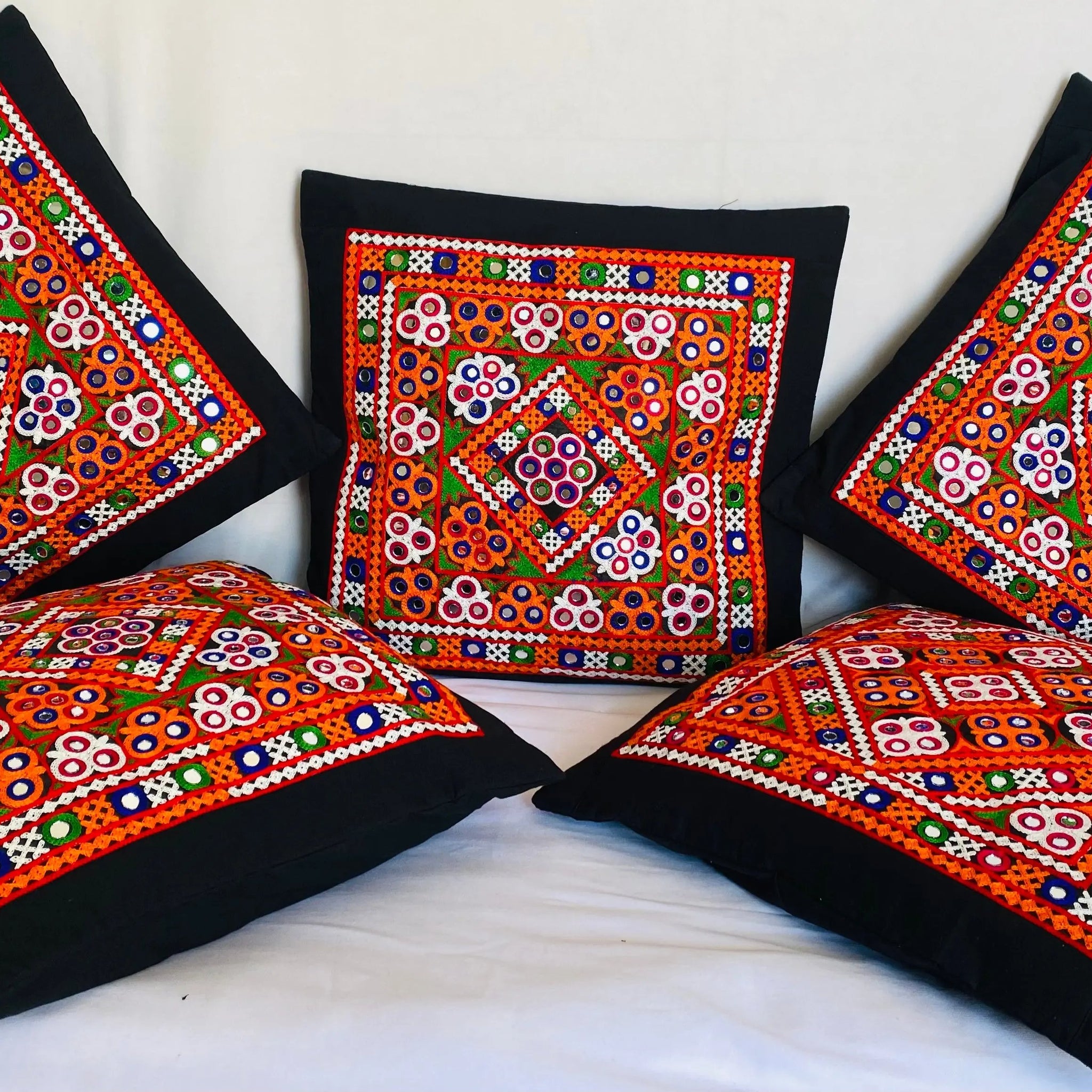 Black Square Kutchhi Embroidered Cushion Cover RAKHIYO