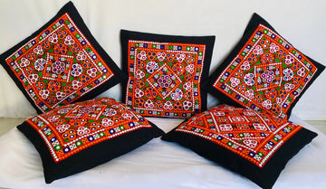 Black Square Kutchhi Embroidered Cushion Cover RAKHIYO