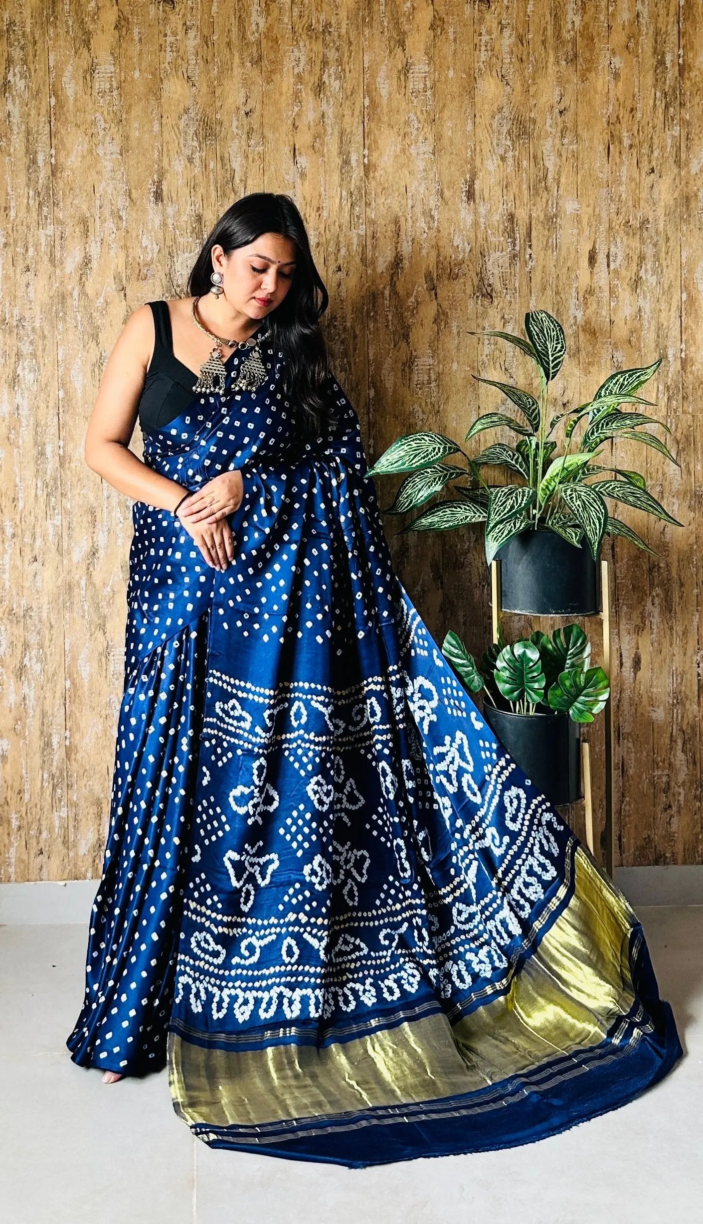 Navy Blue Dana Bandhani Gaji Silk Saree RAKHIYO