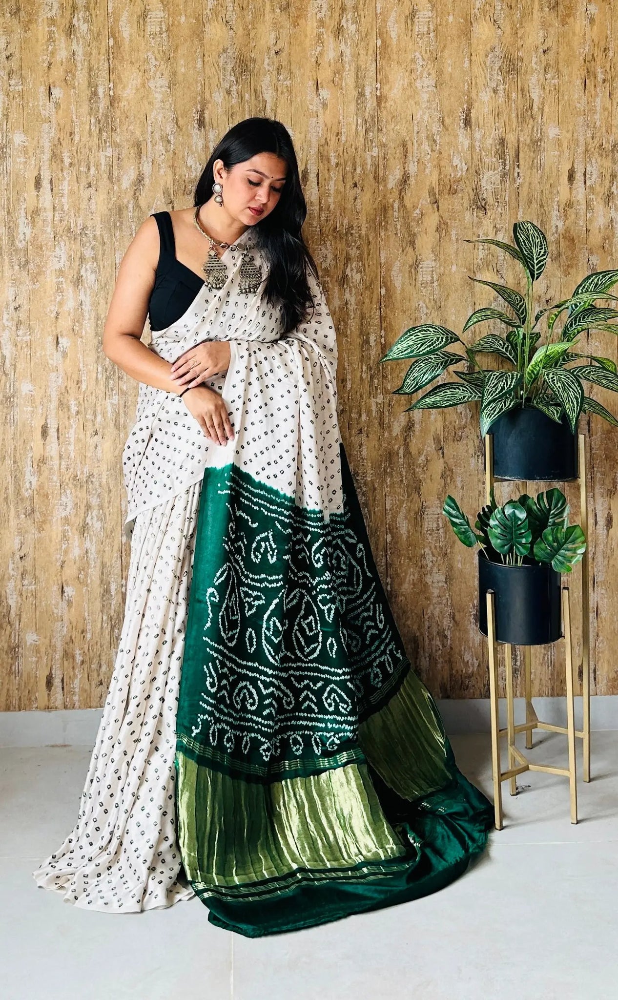 White-Bottle Green Color Bandhej Gaji Silk Saree RAKHIYO