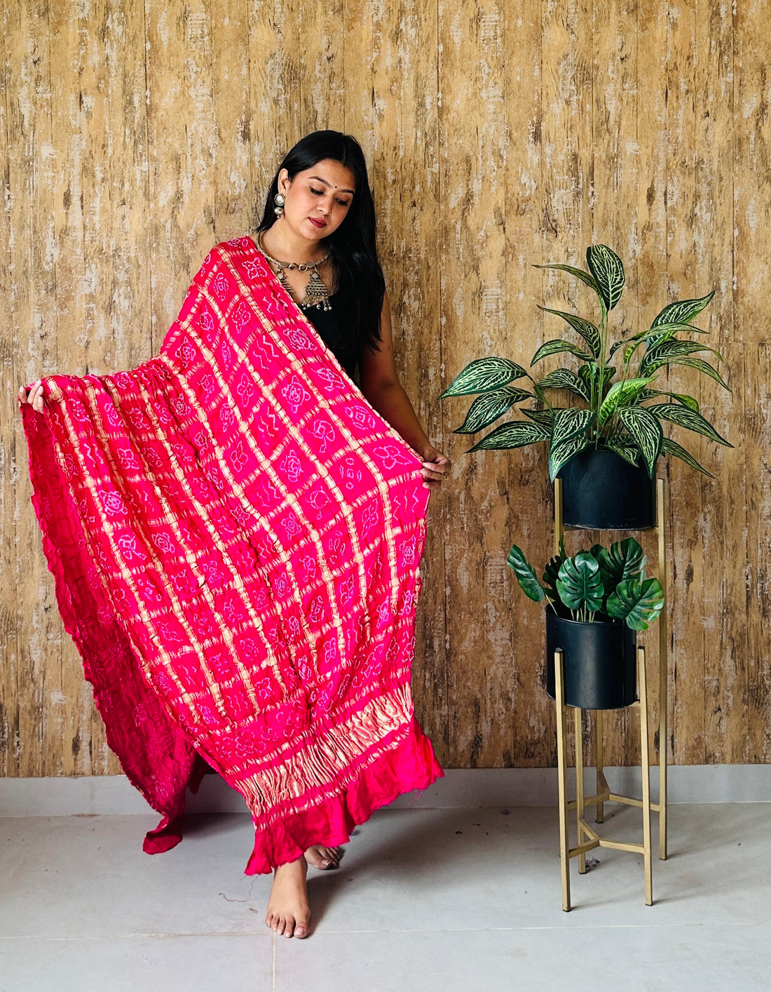 Bandhej Garchola Check Gaji Silk Dupatta
