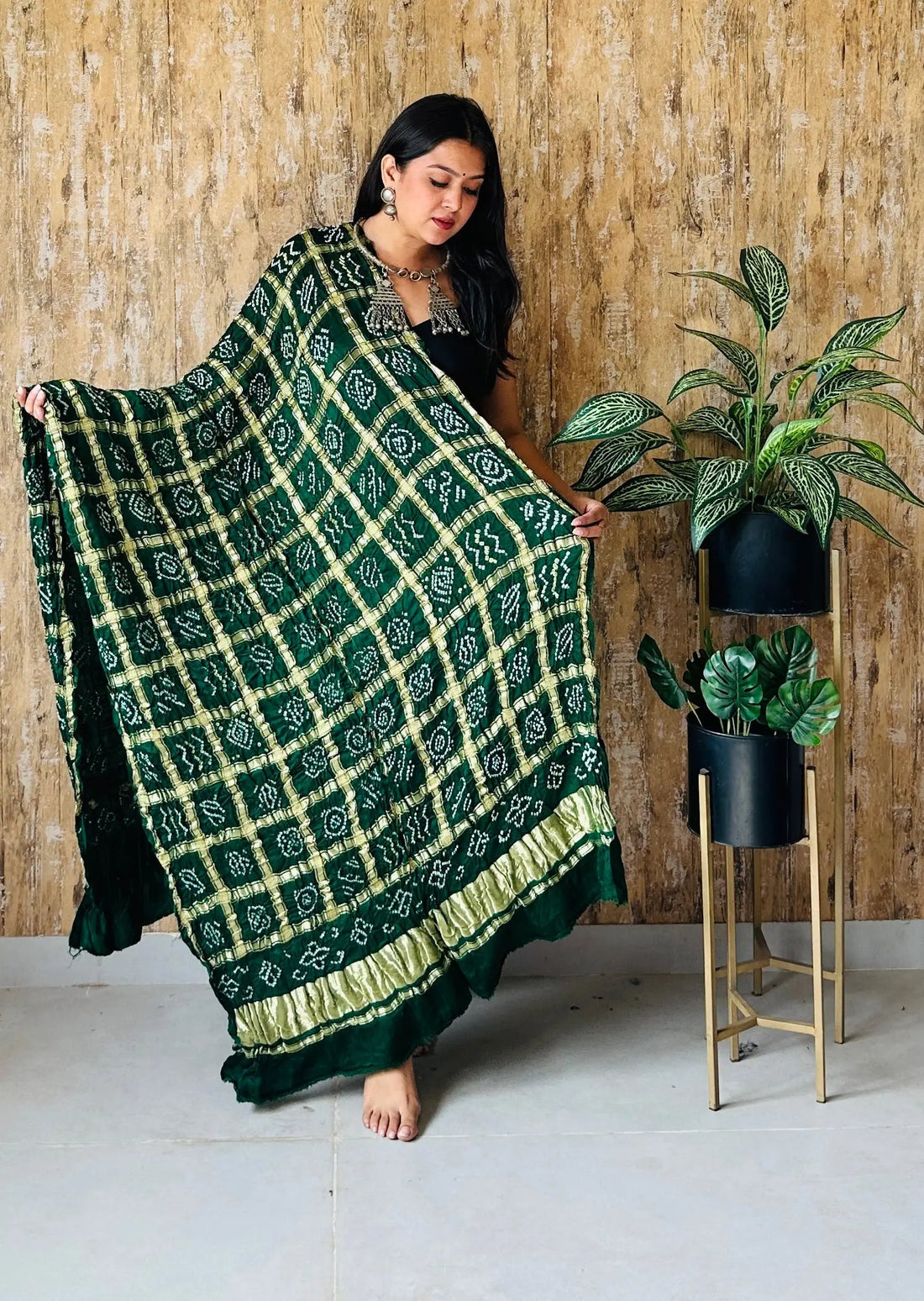 Green Bandhej Garchola Check Gaji Silk Dupatta RAKHIYO