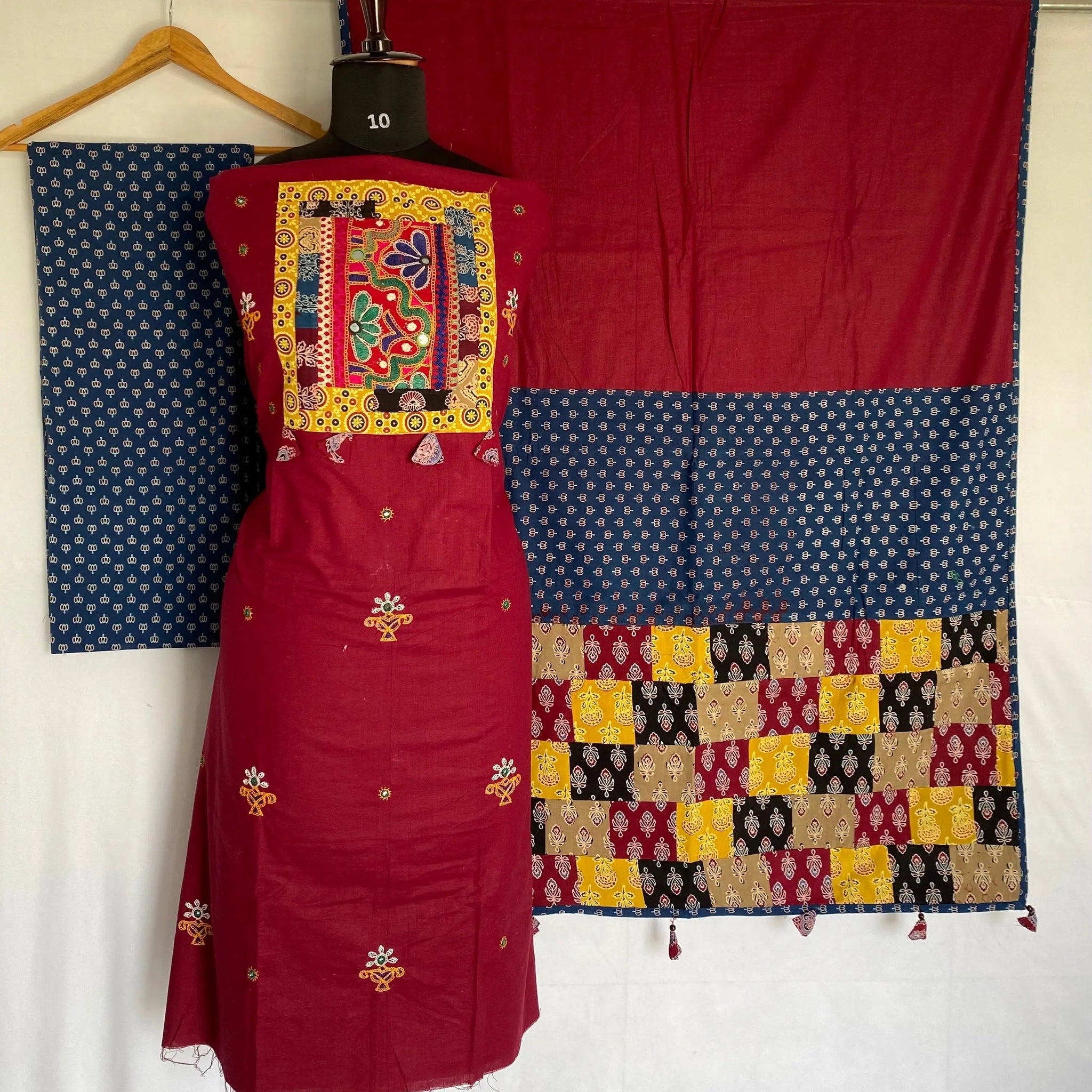 Maroon Ajarakh Antique Patchwork Cotton Suit Material RAKHIYO