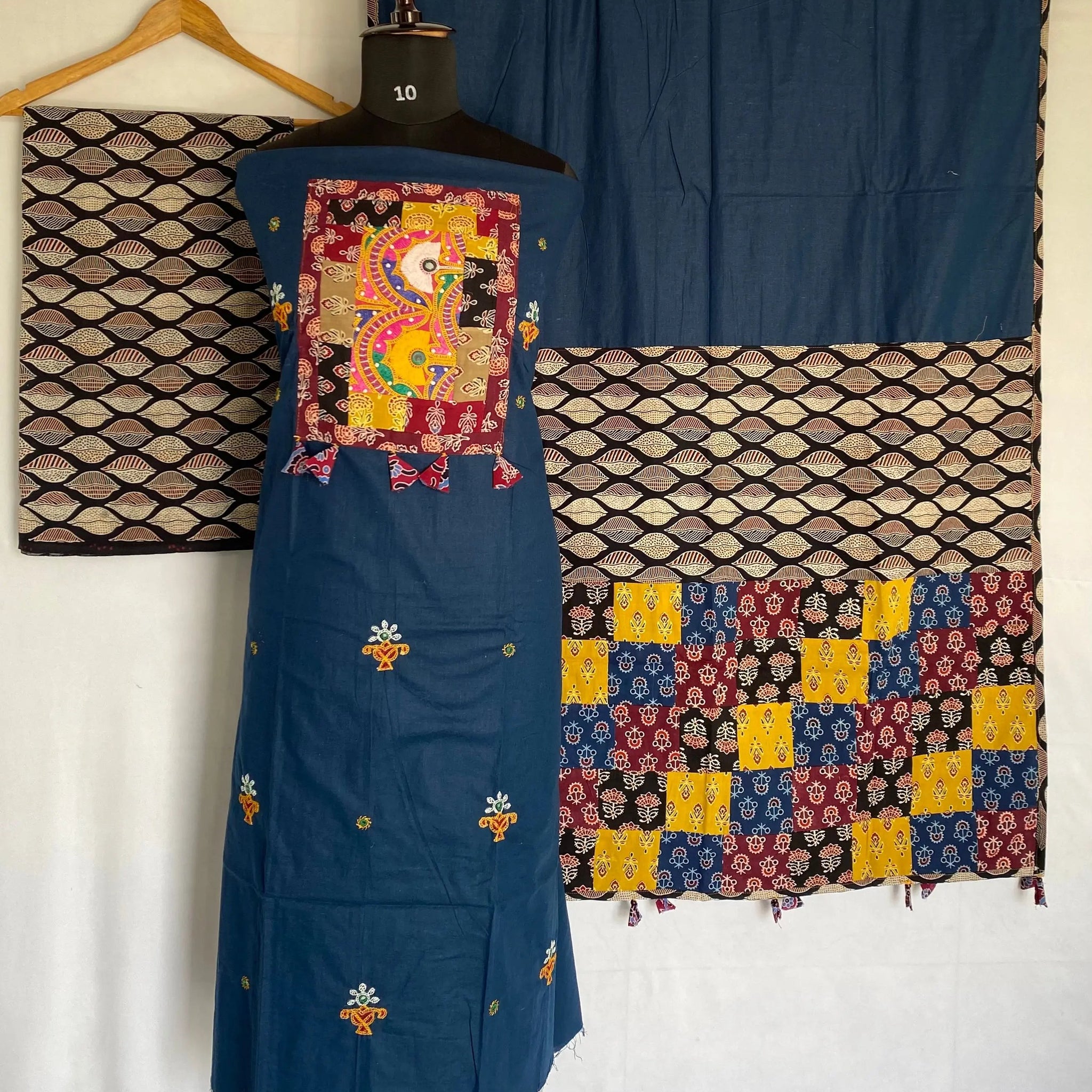 Blue Ajarakh Antique Patchwork Cotton Suit Material RAKHIYO