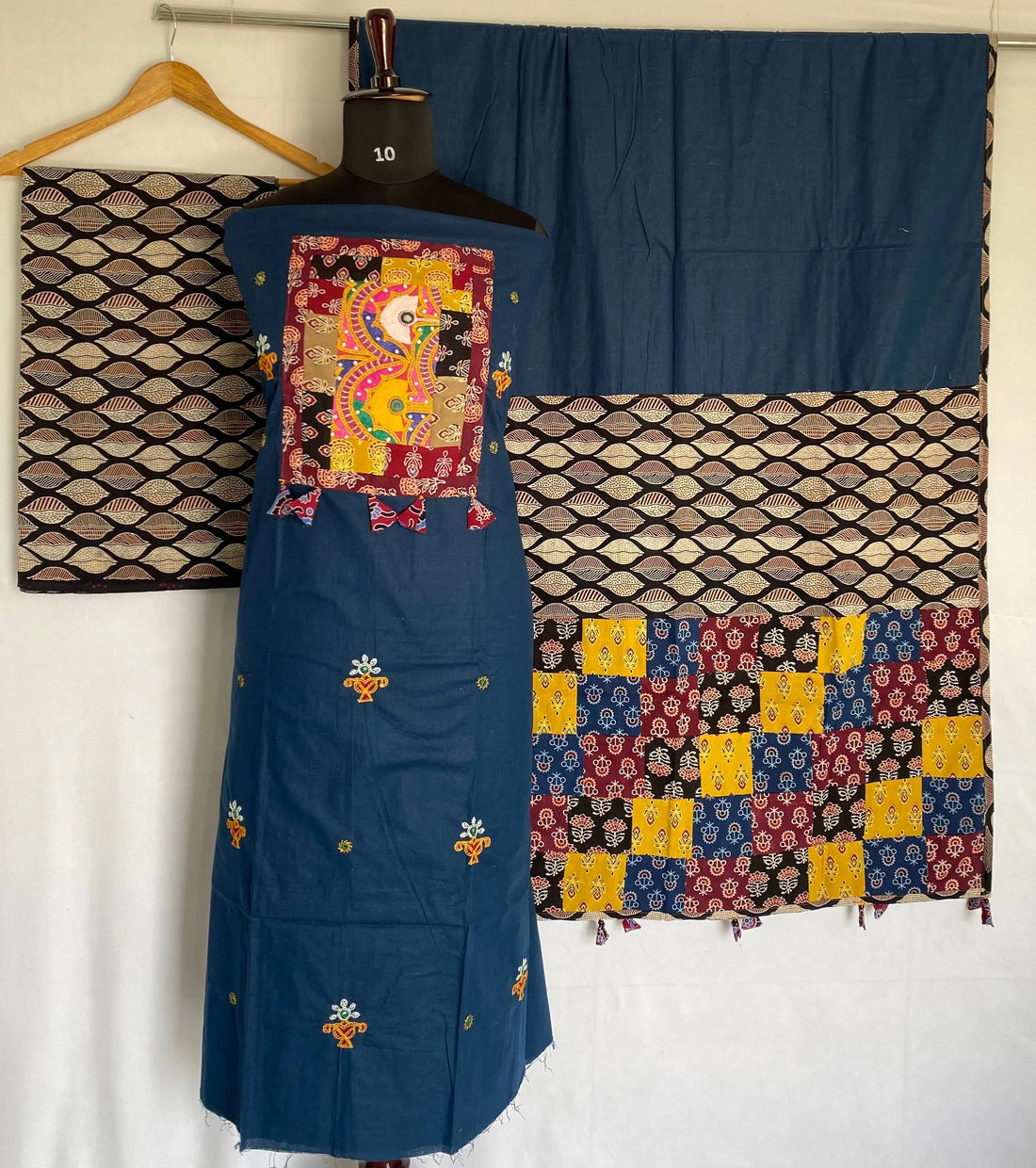 Blue Ajarakh Antique Patchwork Cotton Suit Material RAKHIYO