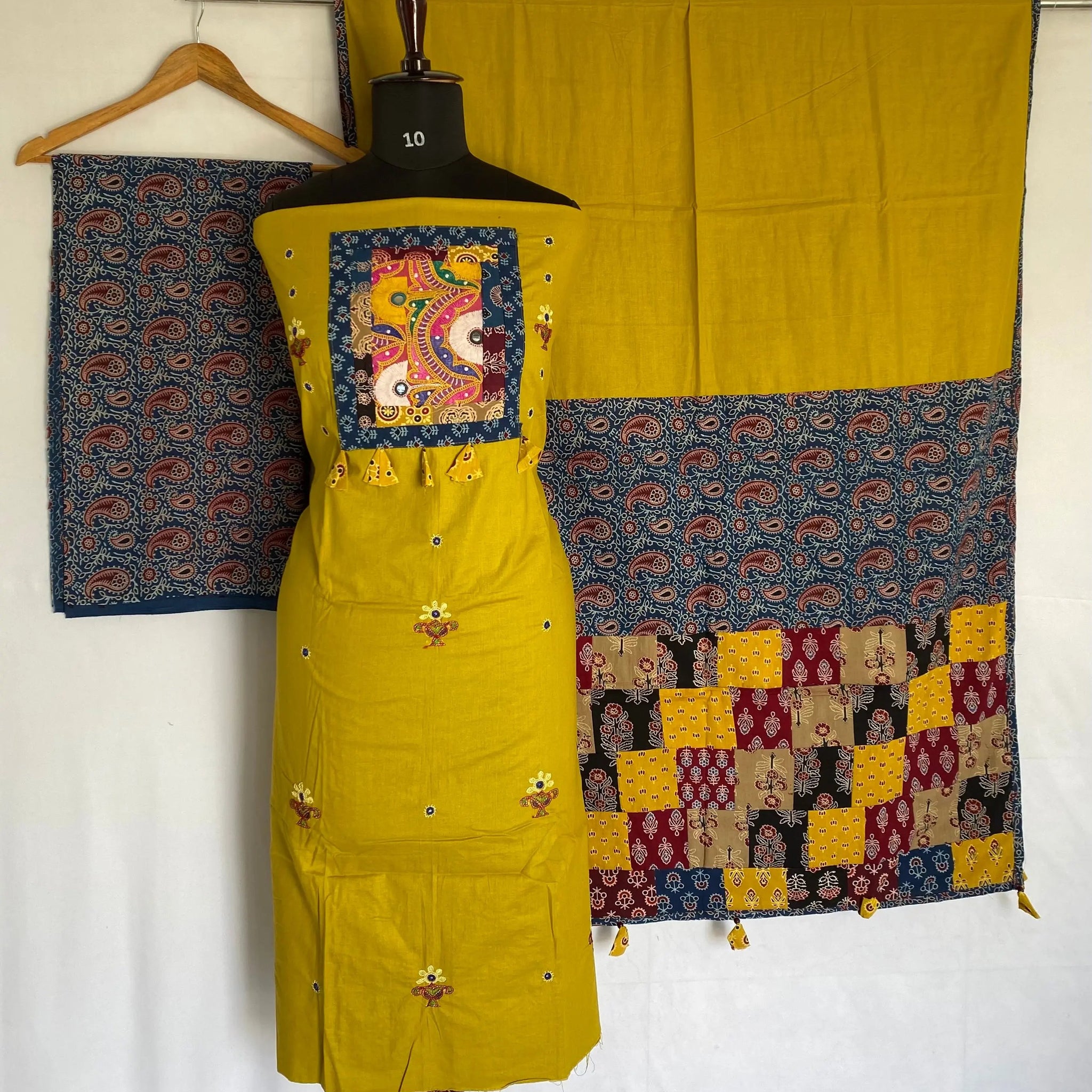 Mustard Ajarakh Antique Patchwork Cotton Suit Material RAKHIYO