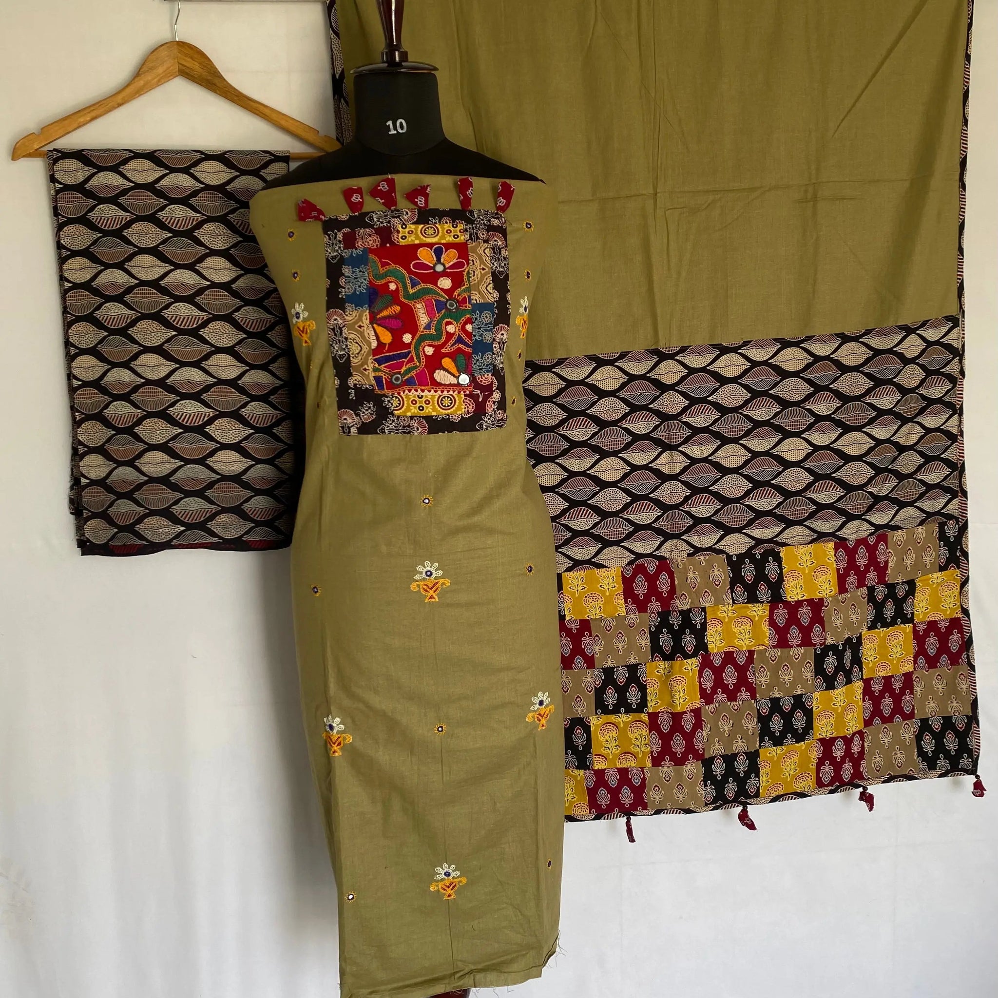 Beige Ajarakh Antique Patchwork Cotton Suit Material RAKHIYO