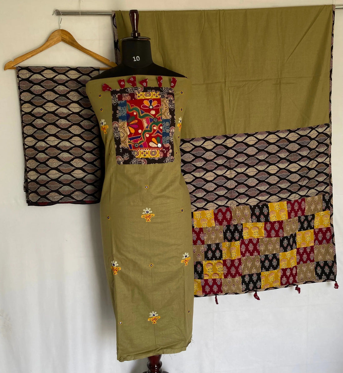 Beige Ajarakh Antique Patchwork Cotton Suit Material RAKHIYO