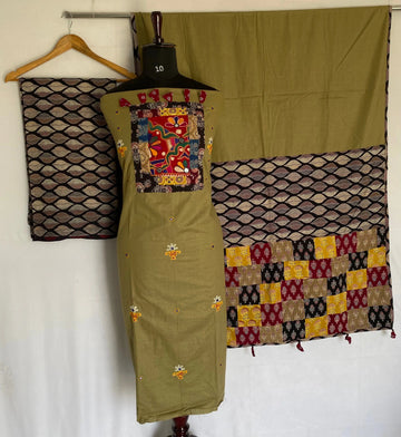 Beige Ajarakh Antique Patchwork Cotton Suit Material RAKHIYO