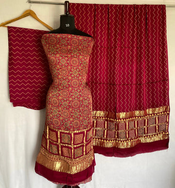 Wine Ajarakh Modal Discharge Check Suit Material RAKHIYO