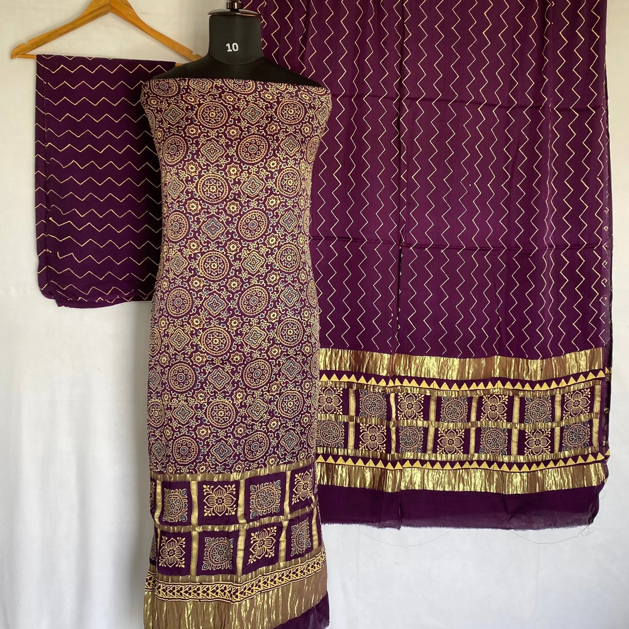 Purple Ajarakh Modal Discharge Check Suit Material RAKHIYO