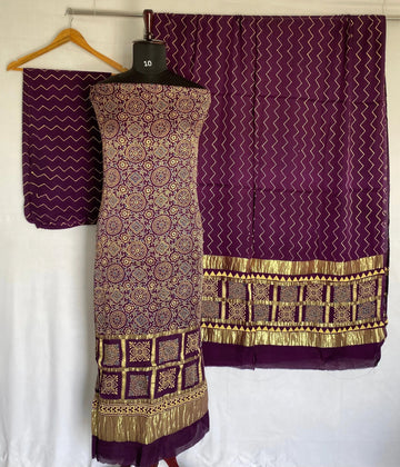 Purple Ajarakh Modal Discharge Check Suit Material RAKHIYO