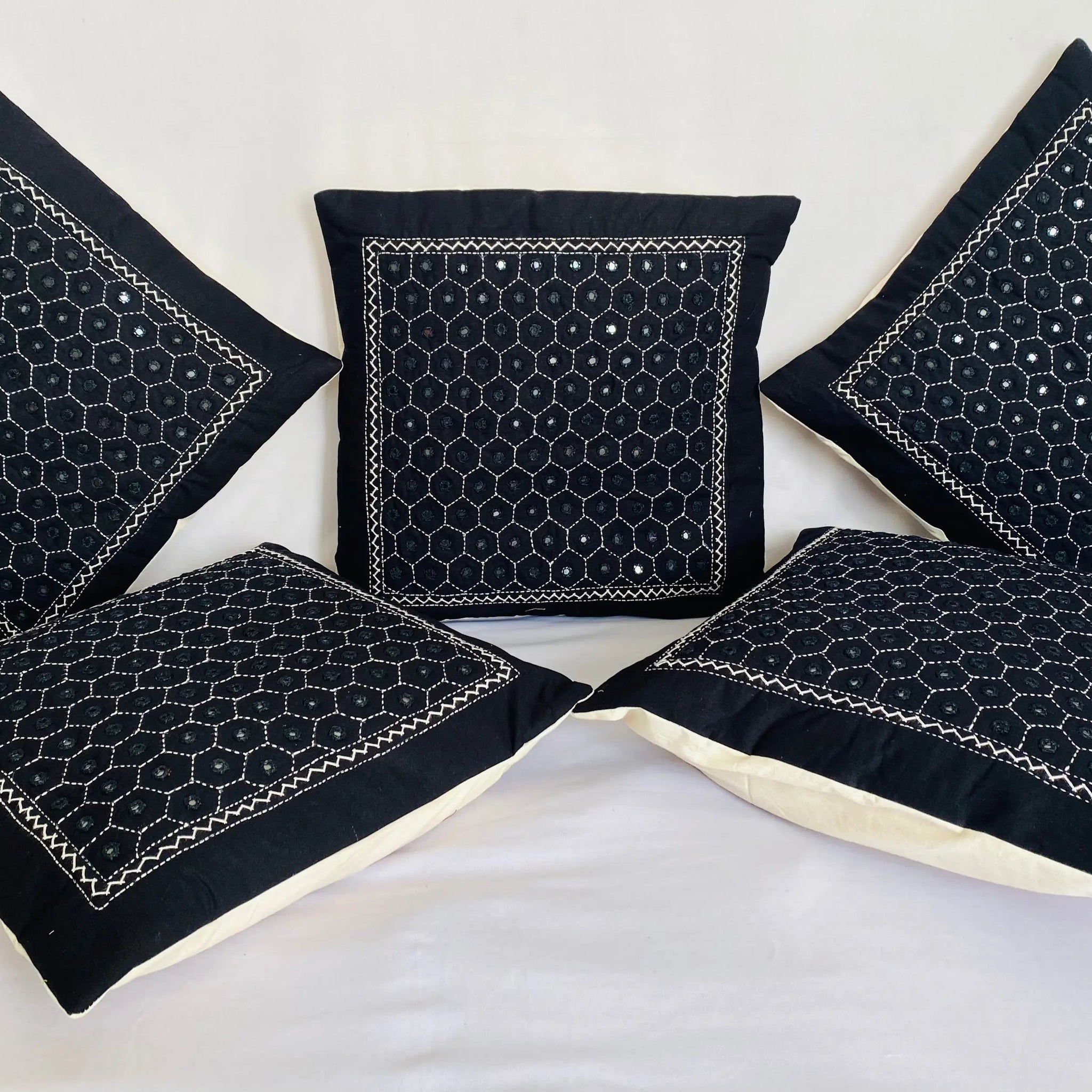 Black Cotton Mirrorwork Cushion Cover RAKHIYO