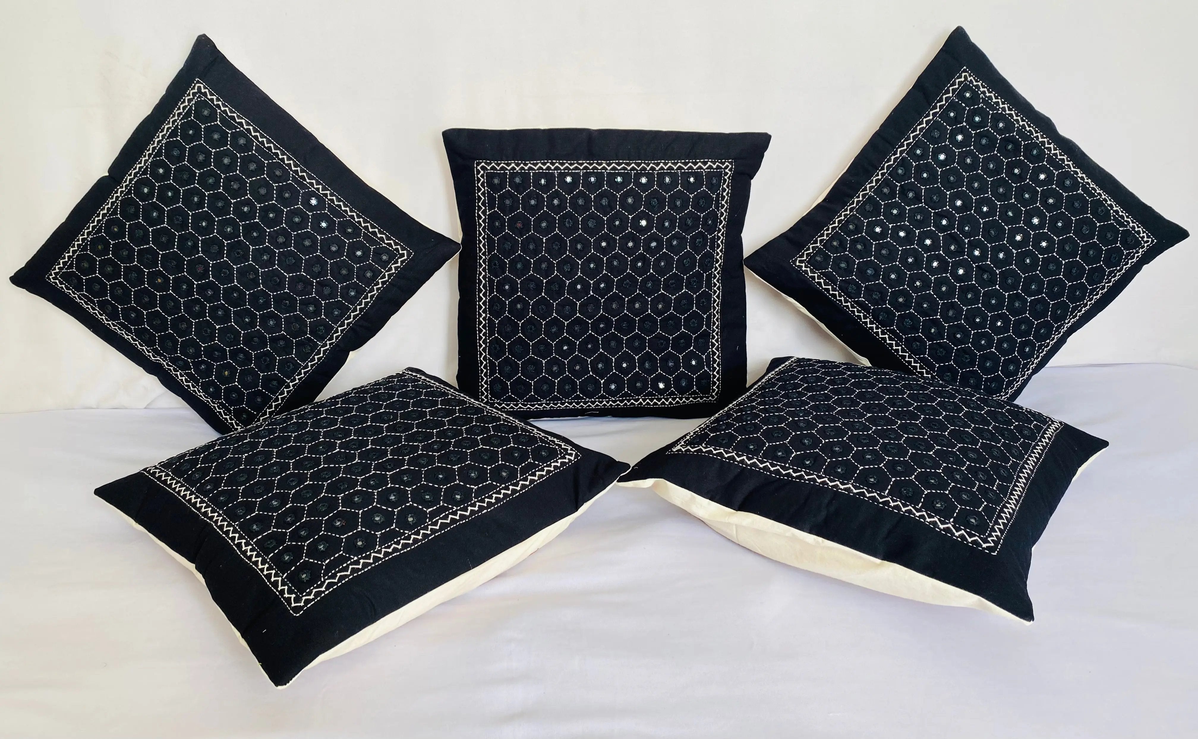 Black Cotton Mirrorwork Cushion Cover RAKHIYO