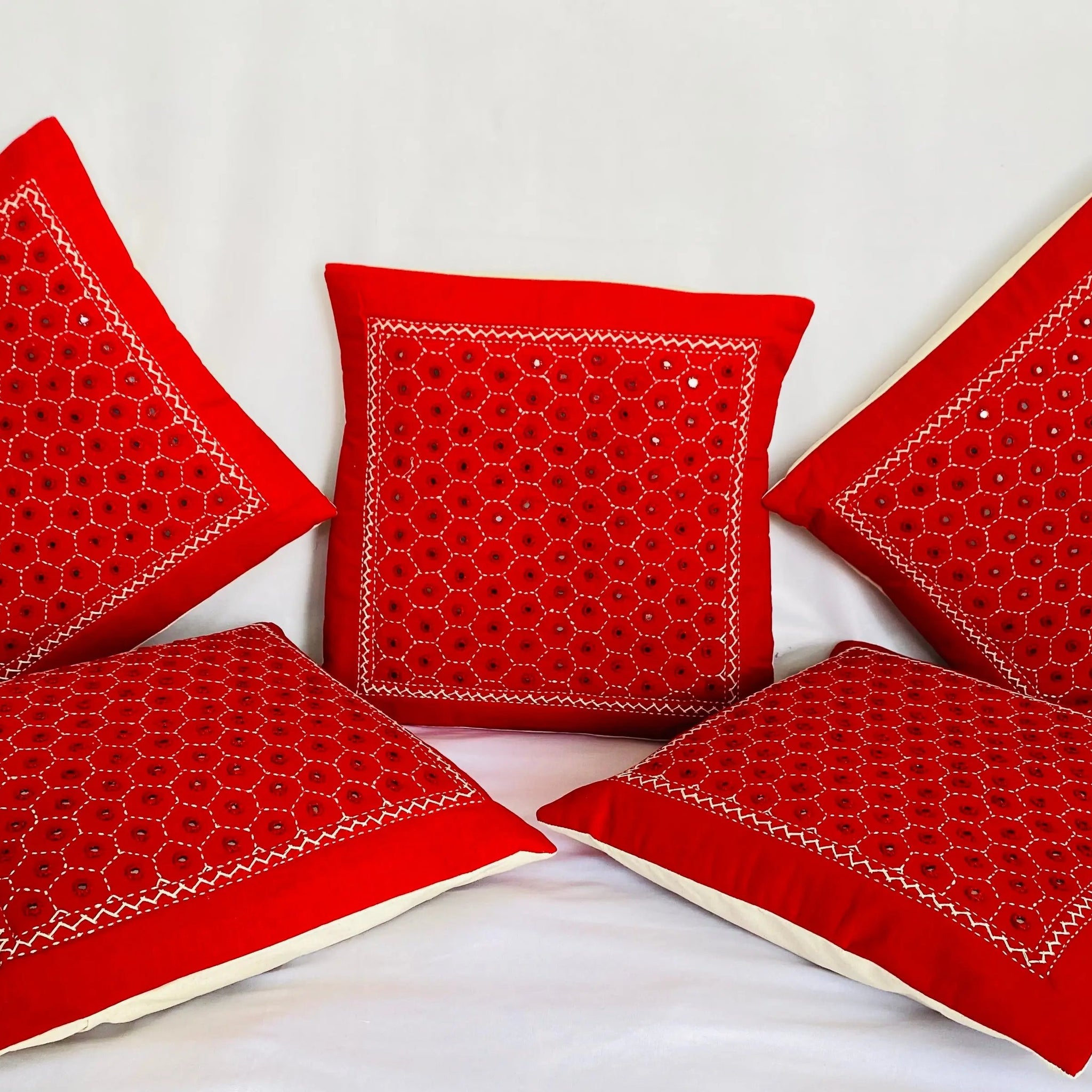 Red Cotton Mirrorwork Cushion Cover RAKHIYO