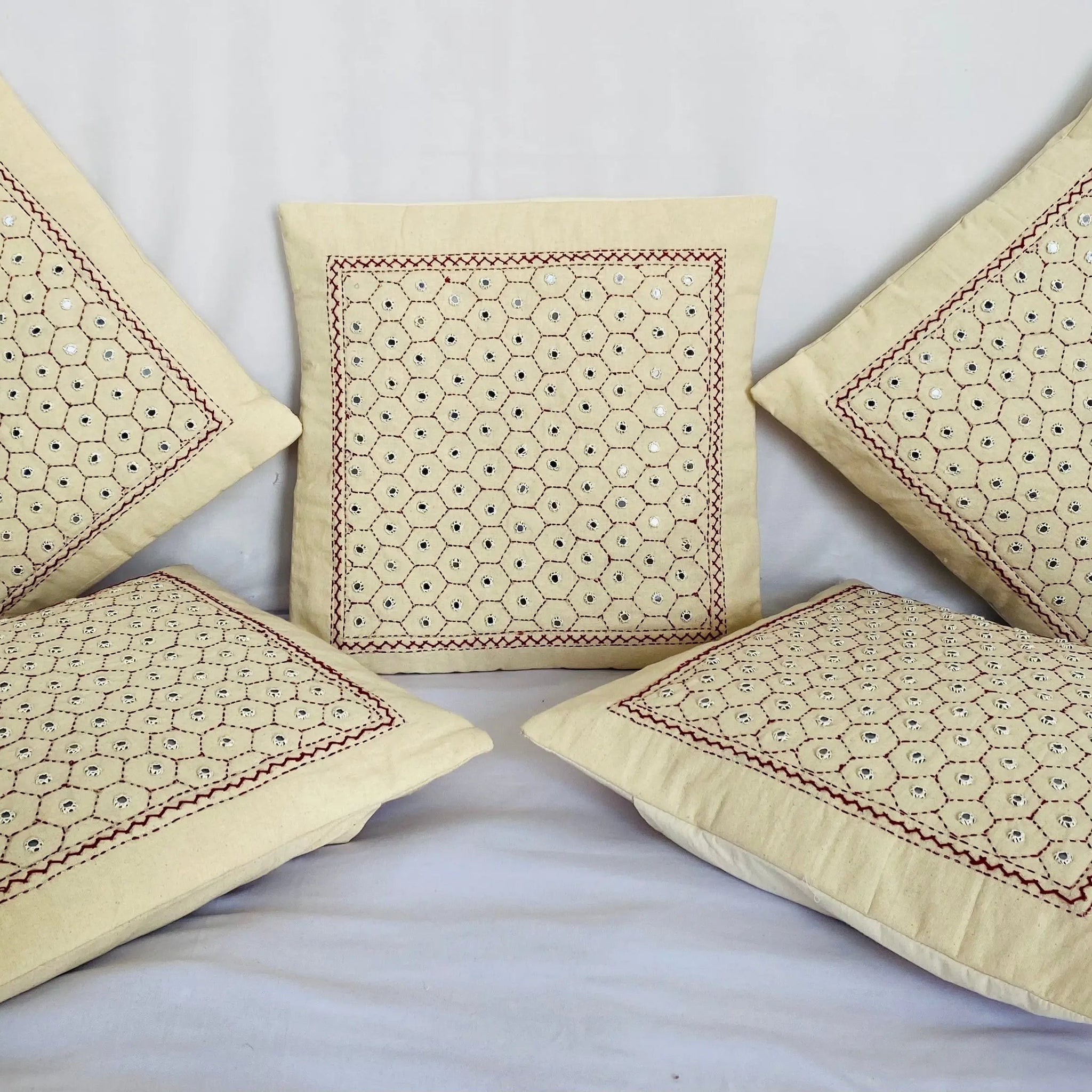 Off White Cotton Mirrorwork Cushion Cover RAKHIYO
