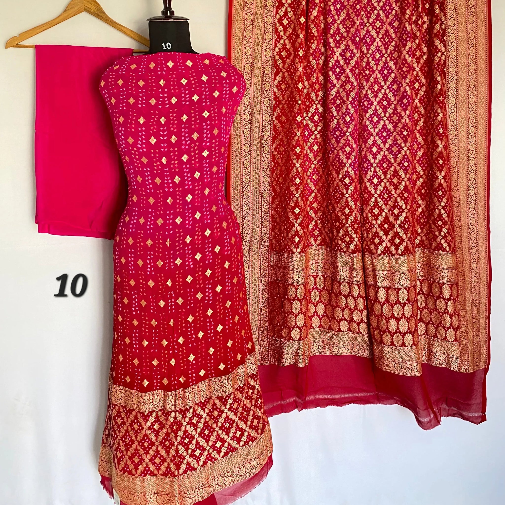 Red & Pink Shading Banarasi-Bandhani Pure Georgett Suit Material RAKHIYO