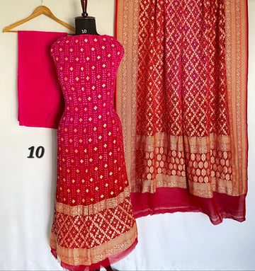 Red & Pink Shading Banarasi-Bandhani Pure Georgett Suit Material RAKHIYO