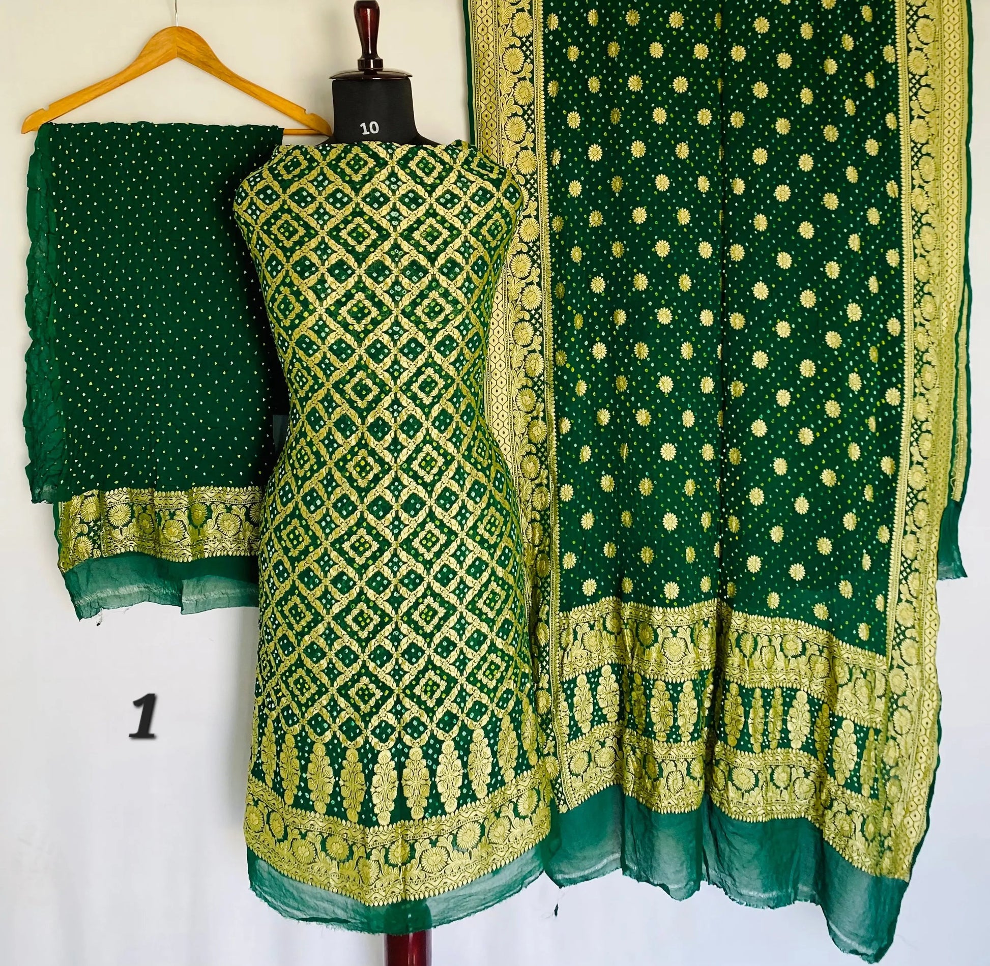 Bottle Green Banarasi-Bandhani Pure Georgett Suit Material RAKHIYO