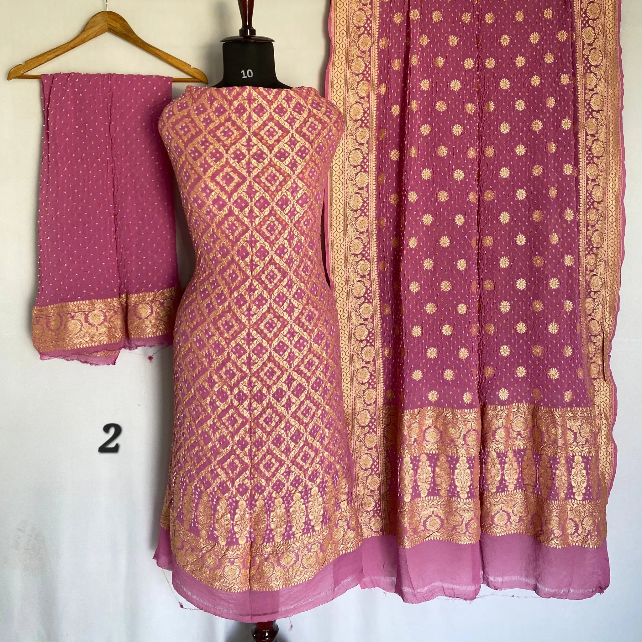 Baby Pink Banarasi-Bandhani Pure Georgett Suit Material RAKHIYO