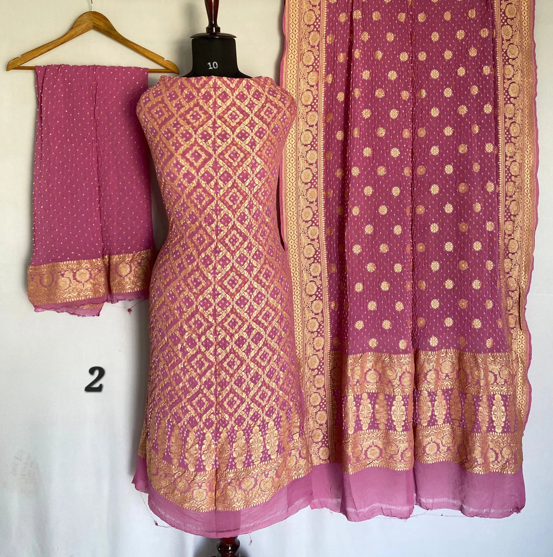 Baby Pink Banarasi-Bandhani Pure Georgett Suit Material RAKHIYO