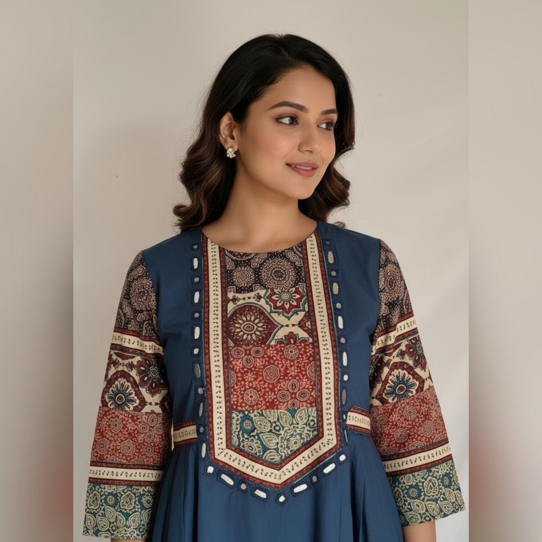 Nimrit Teal Blue Ajarakh Patchwork Sleeve & Neck Mirror Side Split Kurti/One Piece