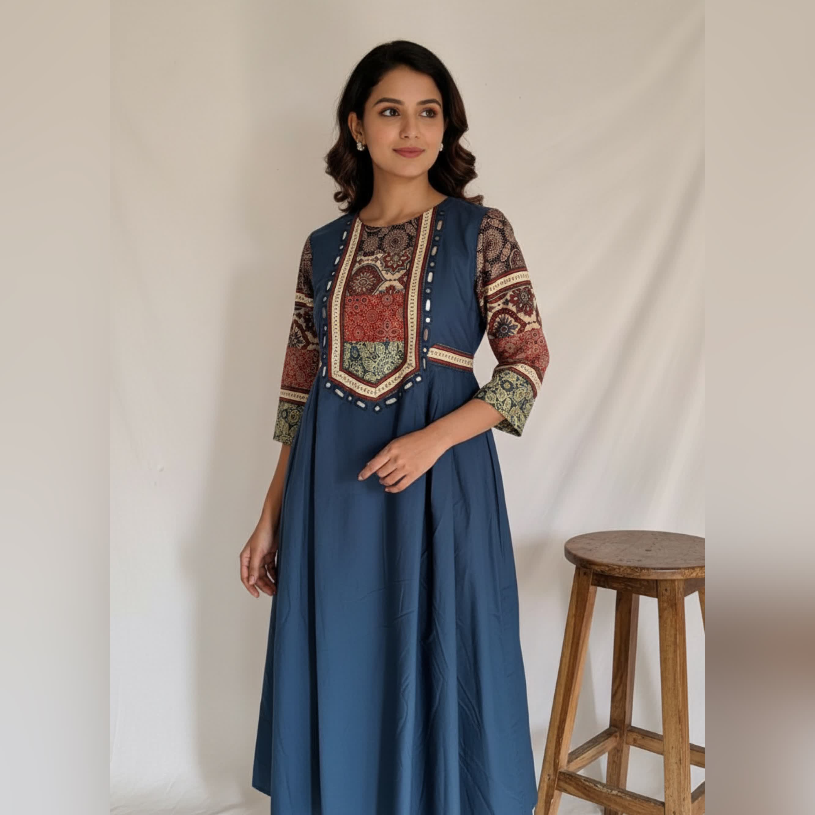 Nimrit Teal Blue Ajarakh Patchwork Sleeve & Neck Mirror Side Split Kurti/One Piece