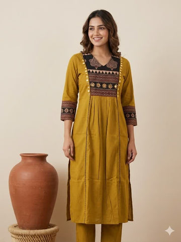 Navya Ajarakh Neck Mirror Mustard Cotton Side Cut Kurti