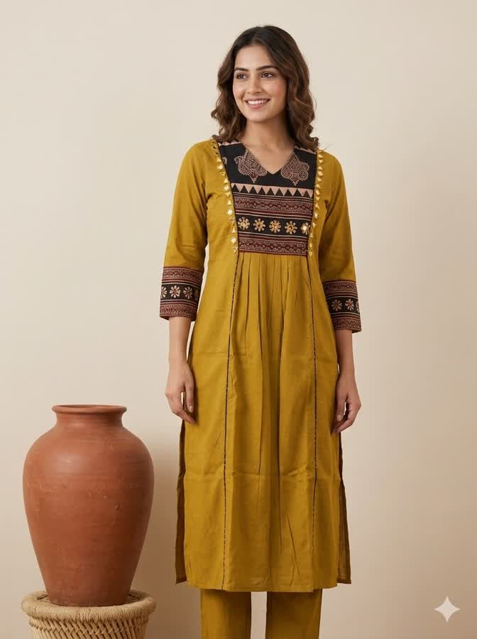 Navya Ajarakh Neck Mirror Mustard Cotton Side Cut Kurti