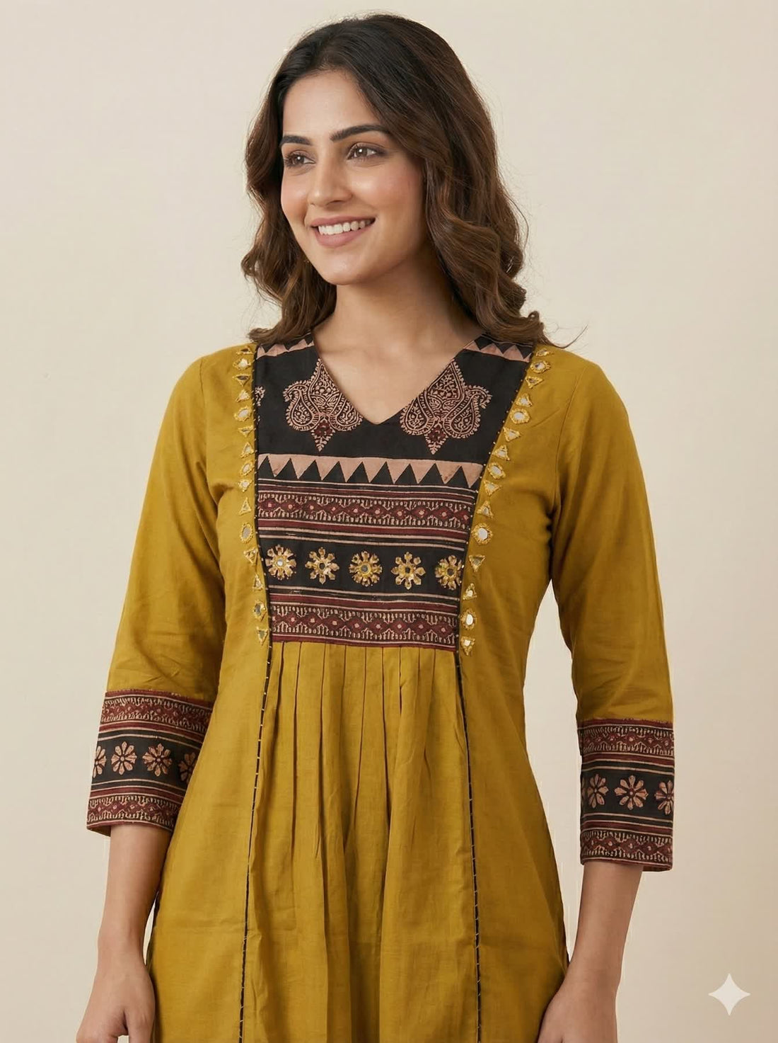 Navya Ajarakh Neck Mirror Mustard Cotton Side Cut Kurti