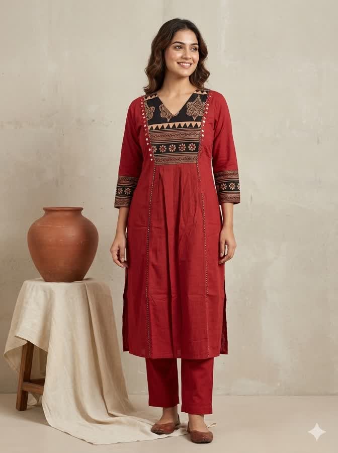 Navya Ajarakh Neck Mirror Maroon Cotton Side Cut Kurti