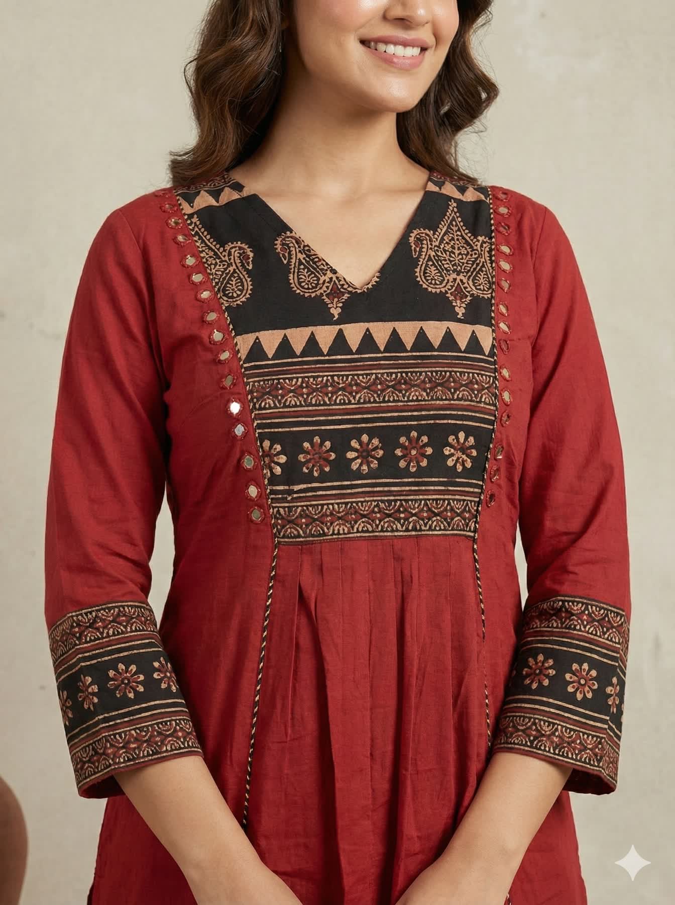 Navya Ajarakh Neck Mirror Maroon Cotton Side Cut Kurti