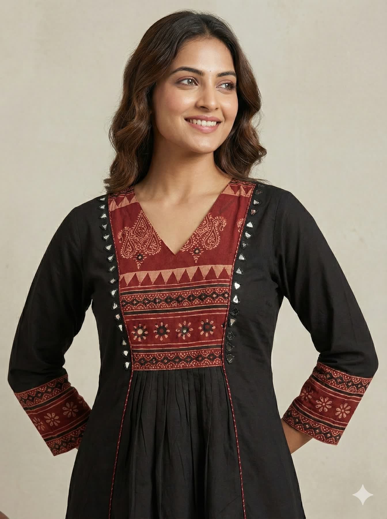 Navya Ajarakh Neck Mirror Black Cotton Side Cut Kurti
