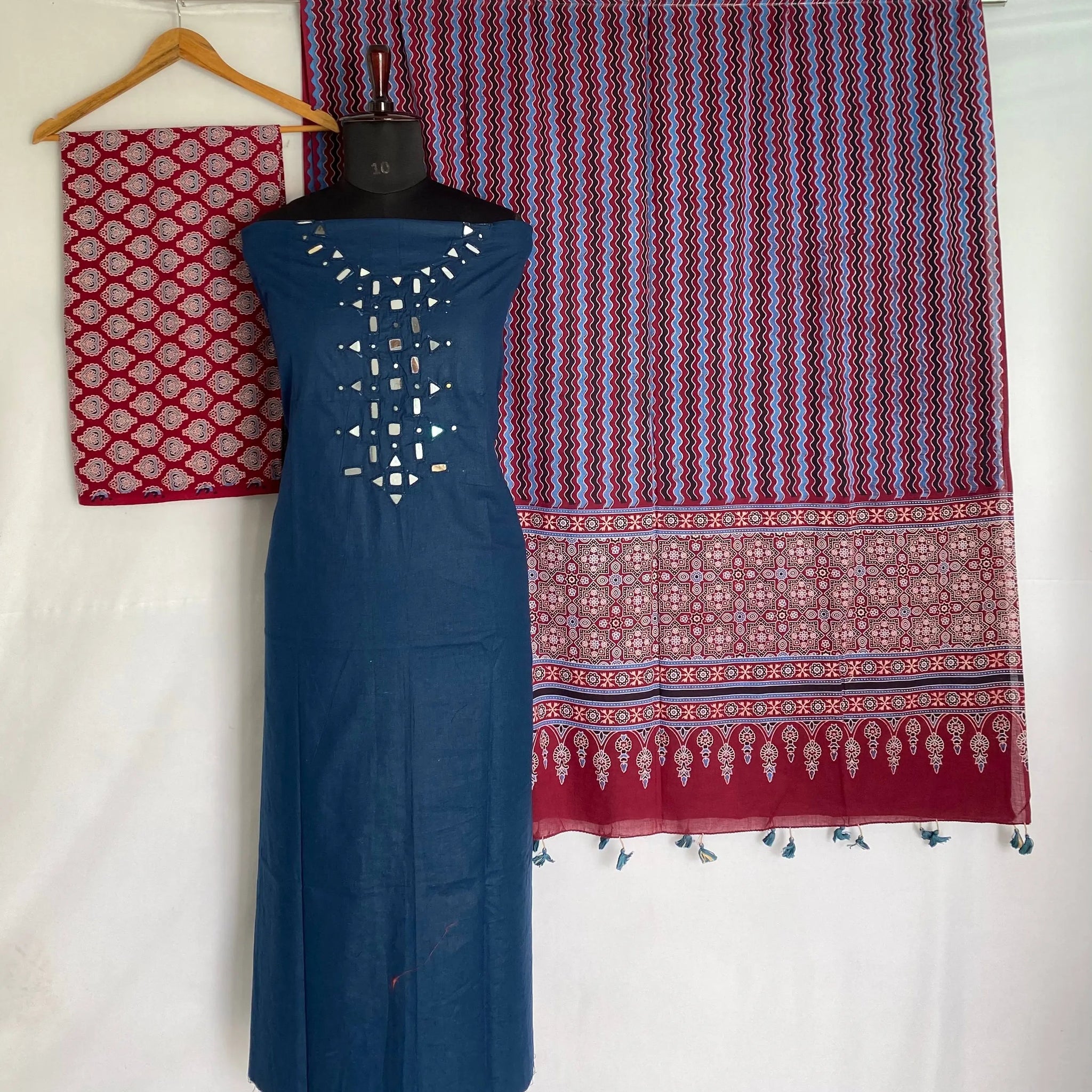 Navy Blue Ajarakh Mirror Cotton Suit Material RAKHIYO