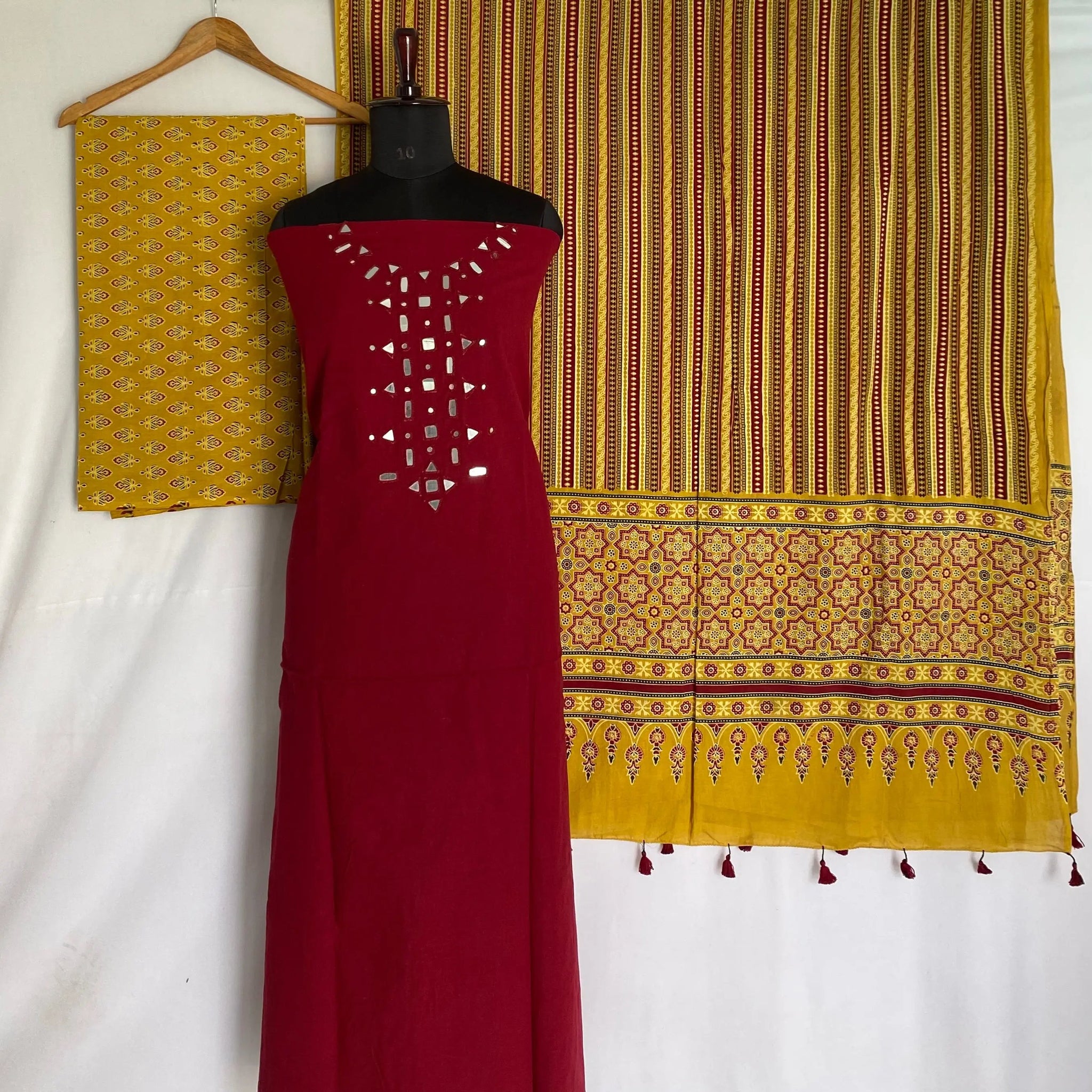 Maroon Ajarakh Mirror Cotton Suit Material RAKHIYO