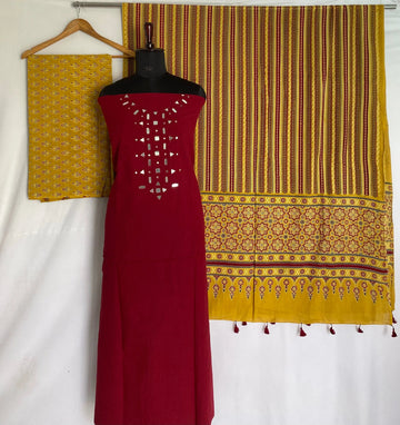 Maroon Ajarakh Mirror Cotton Suit Material RAKHIYO