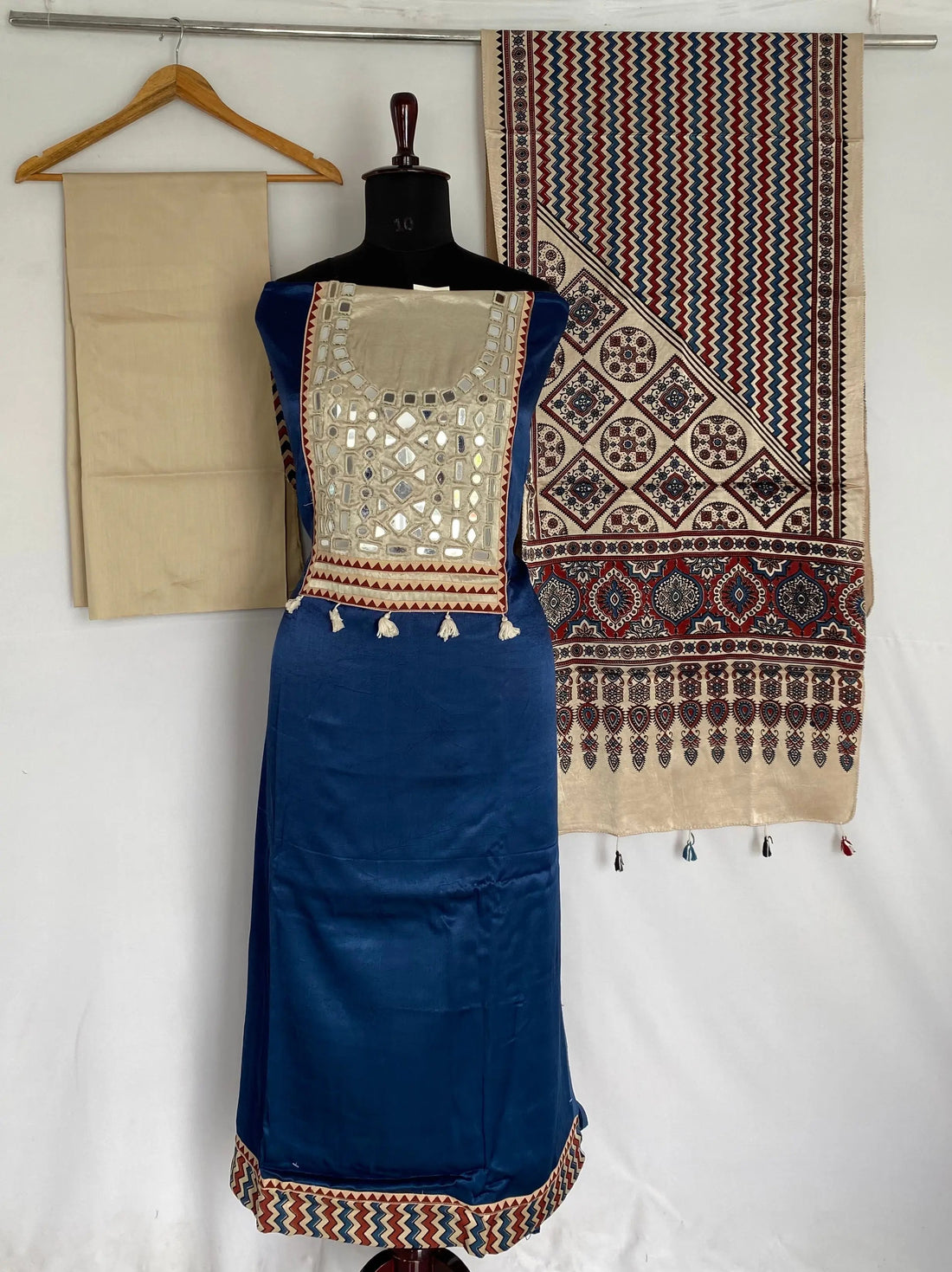 Indigo Blue Mashroo Mirror Yock Suit Material RAKHIYO