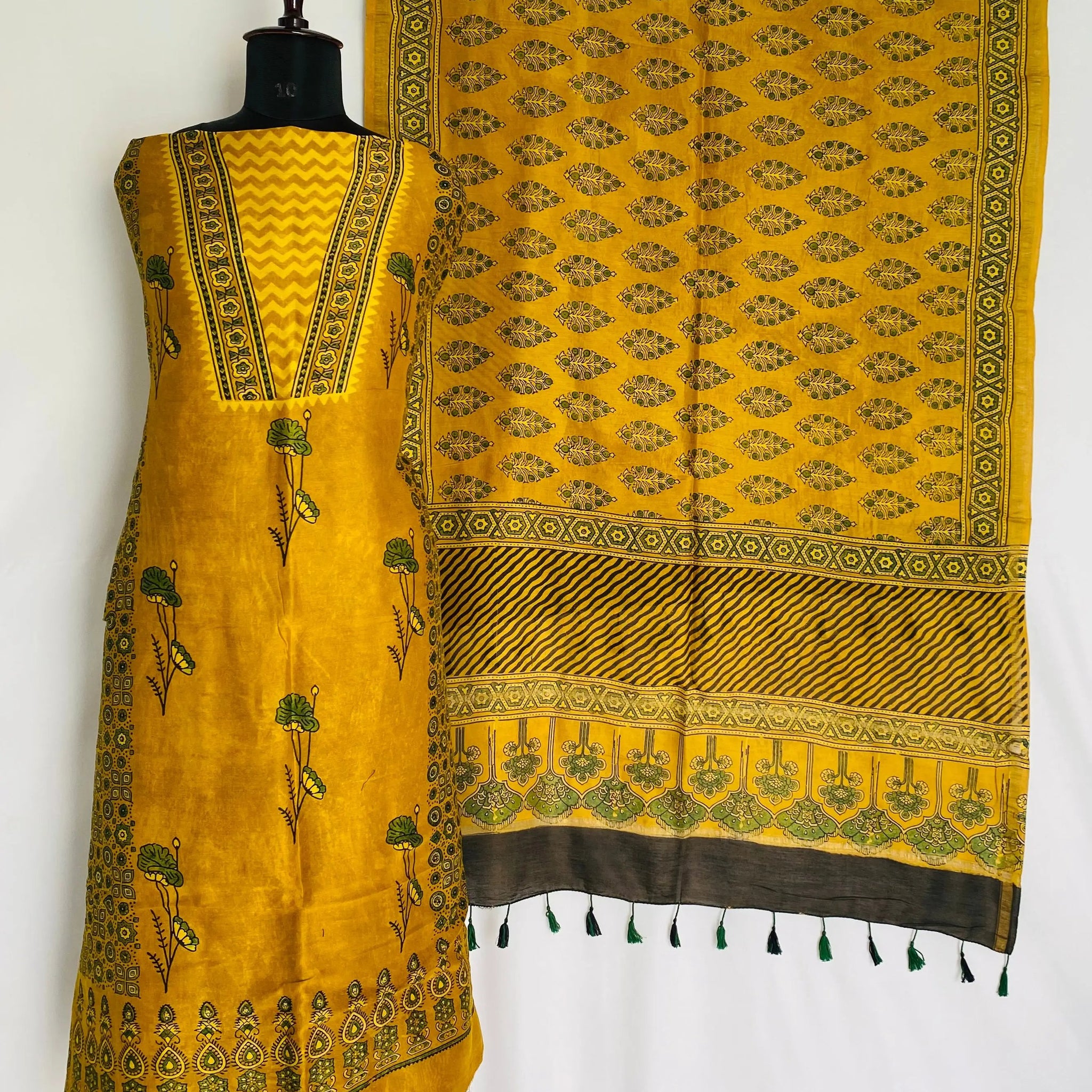 Mustard Ajarakh Chanderi 2 pcs Suit Material RAKHIYO