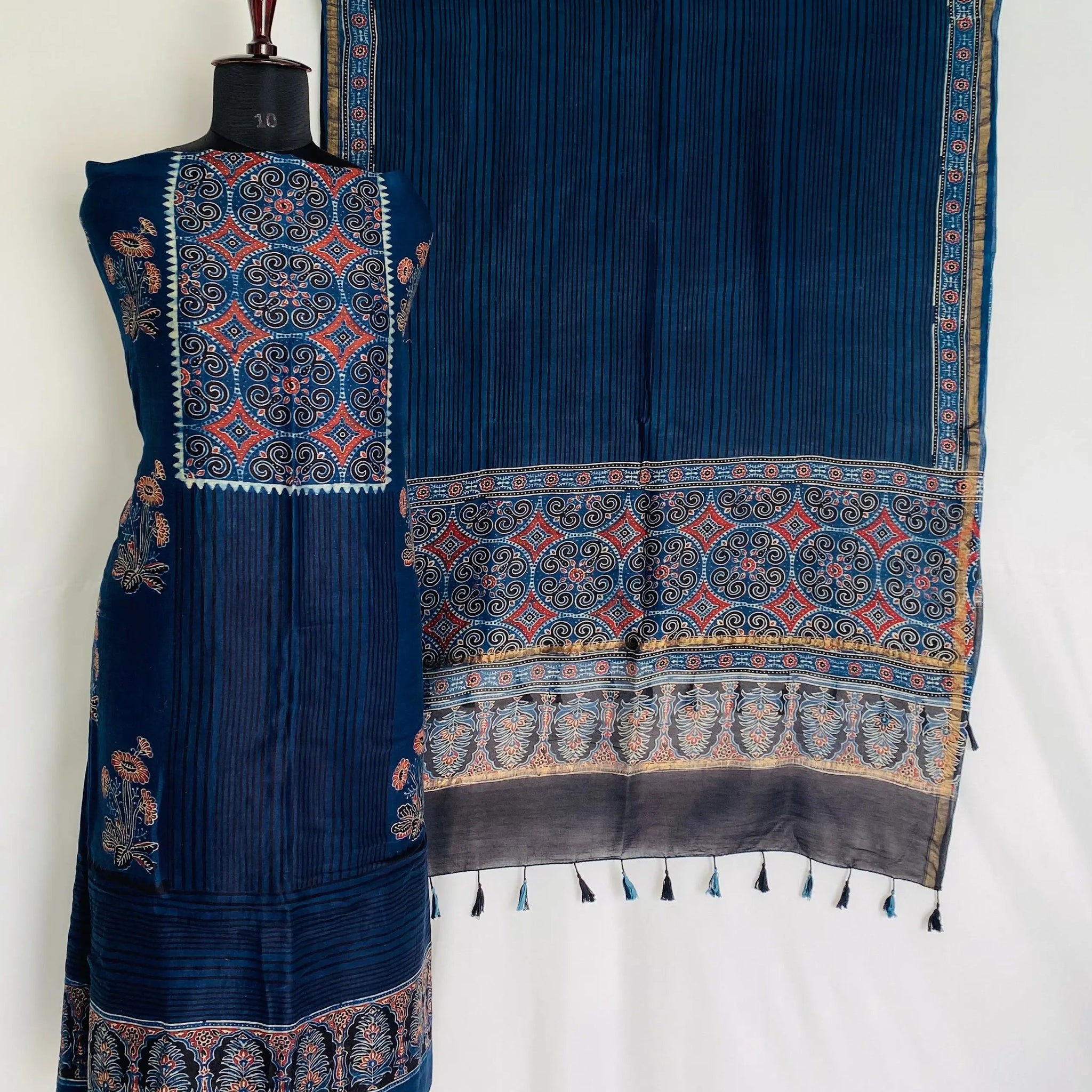 Indigo Ajarakh Chanderi 2 pcs Suit Material RAKHIYO