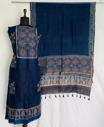 Indigo Ajarakh Chanderi 2 pcs Suit Material RAKHIYO