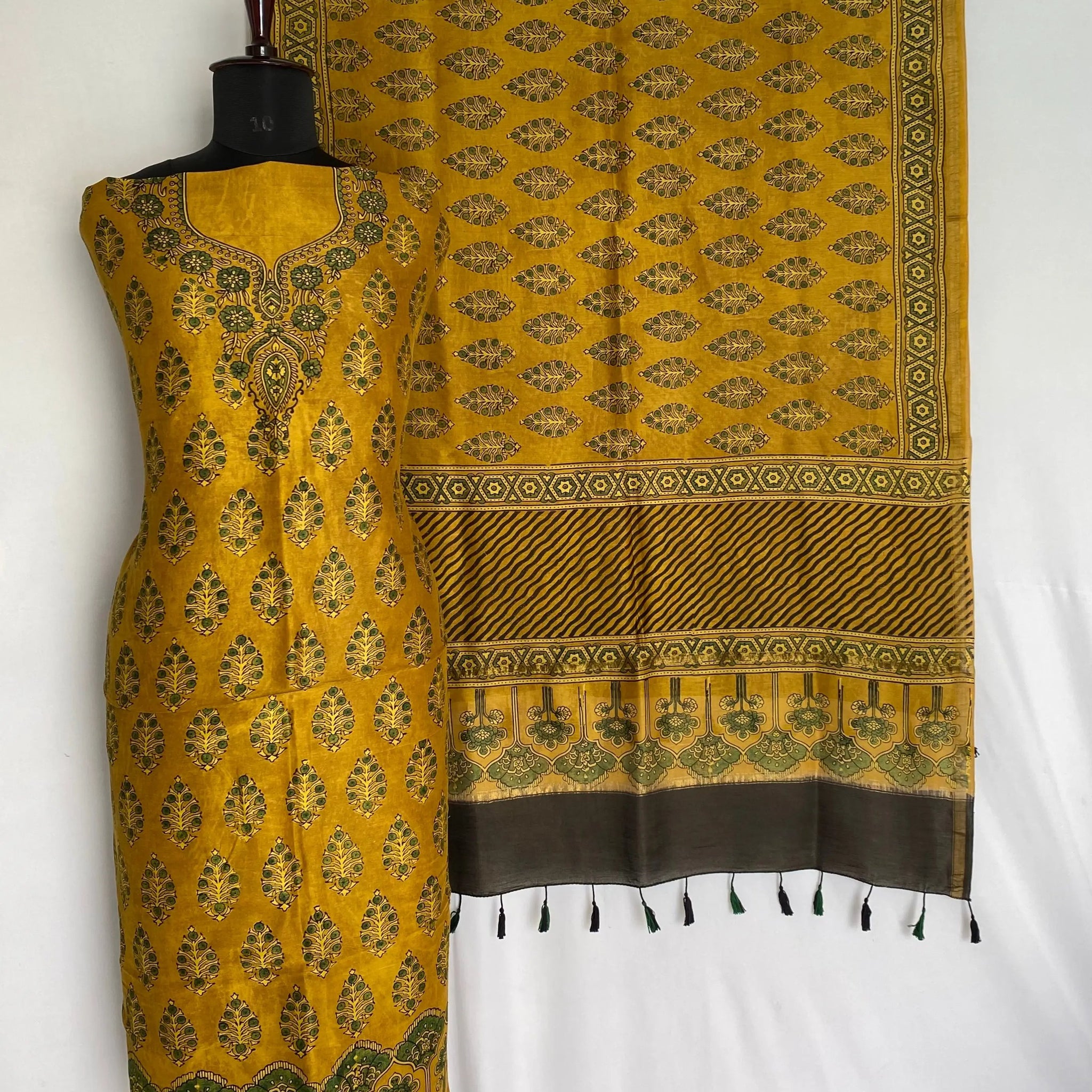 Mustard Ajarakh Chanderi 2 pcs Suit Material RAKHIYO