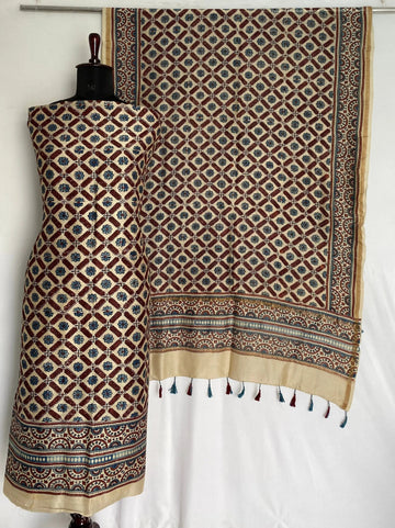 Off White Ajarakh Chanderi 2 pcs Suit Material RAKHIYO