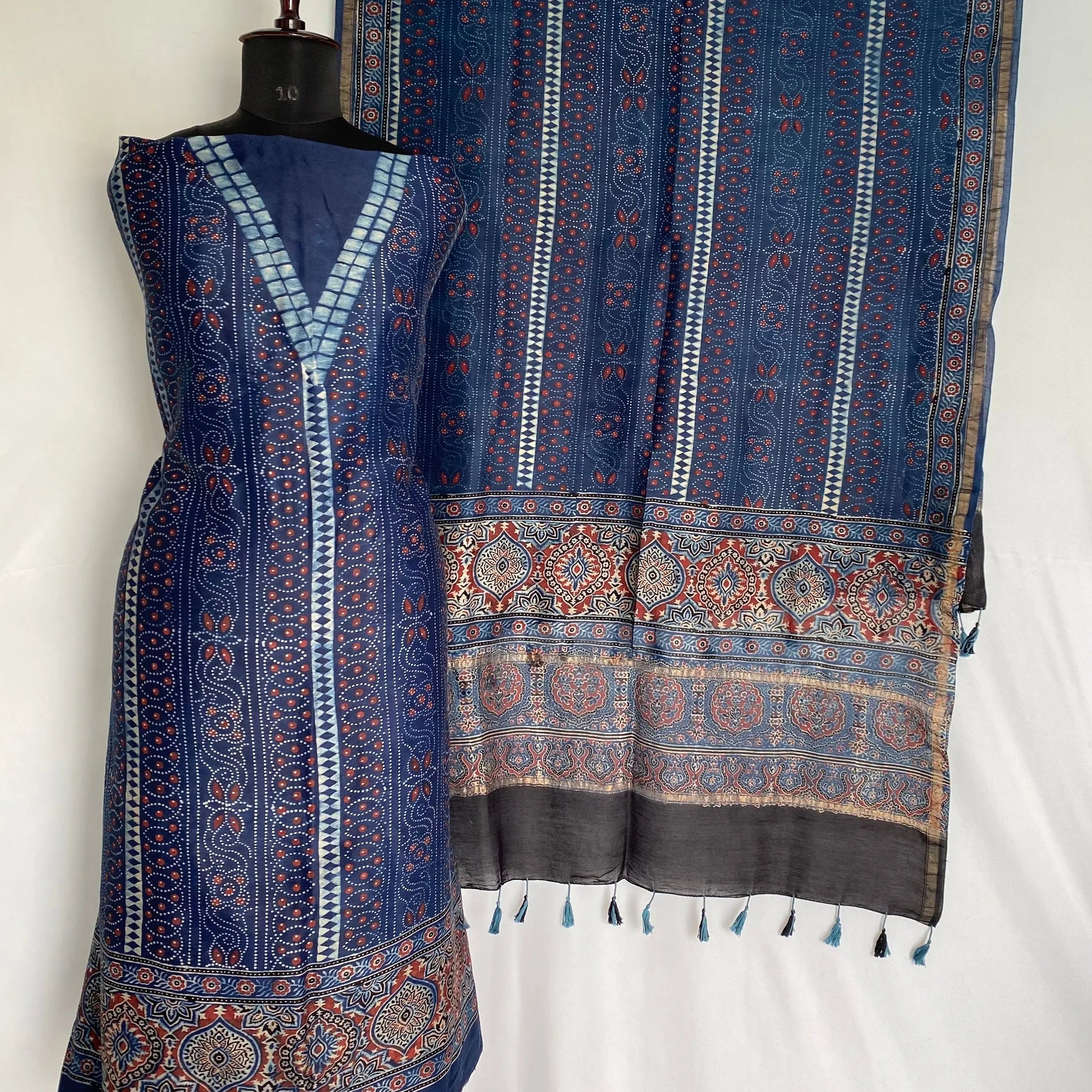Indigo Ajarakh Chanderi 2 pcs Suit Material RAKHIYO