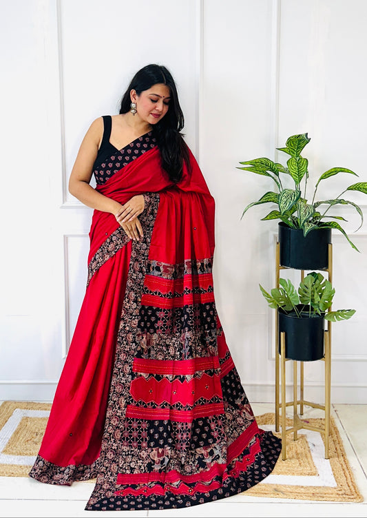 Patchwork Ajarakh Cotton Saree