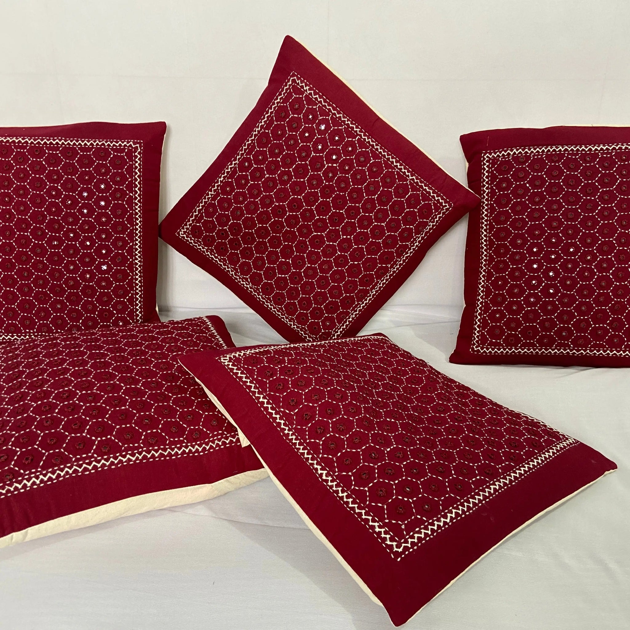 Maroon Cotton Mirrorwork Cushion Cover RAKHIYO