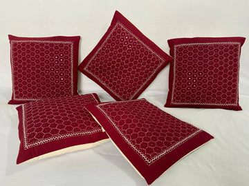 Maroon Cotton Mirrorwork Cushion Cover RAKHIYO