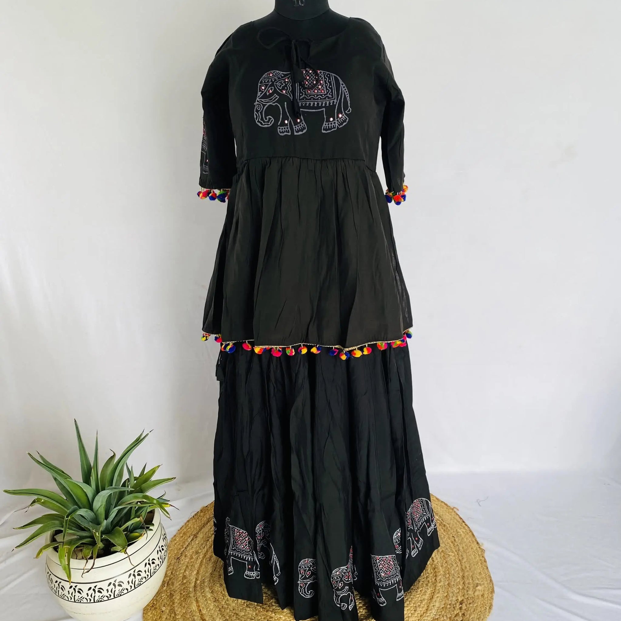 Elephant Black 2 pcs  Blockprint Cotton Chaniyacholi RAKHIYO