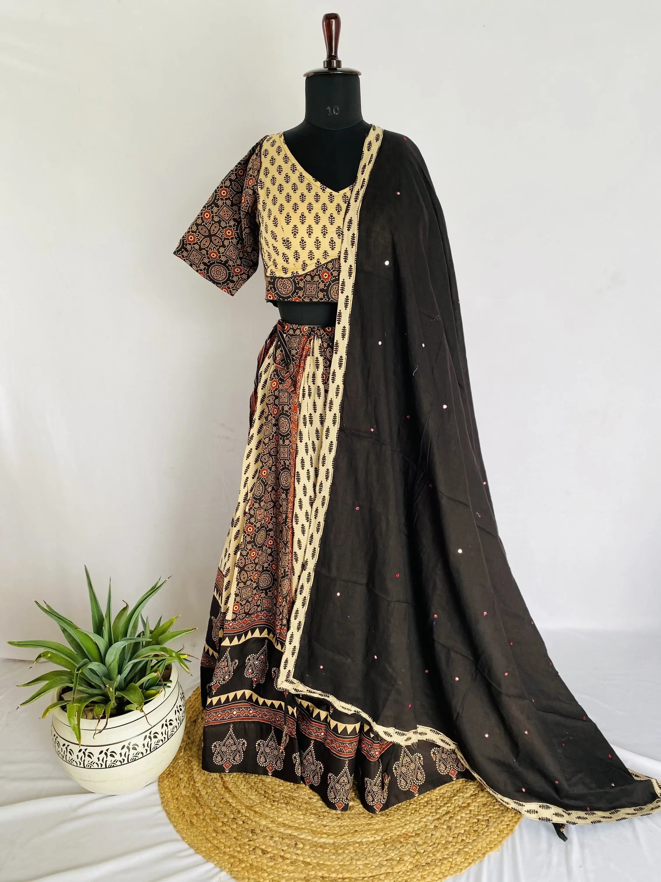 Ajarakh Cream & Black Blockprint Cotton Chaniyacholi RAKHIYO