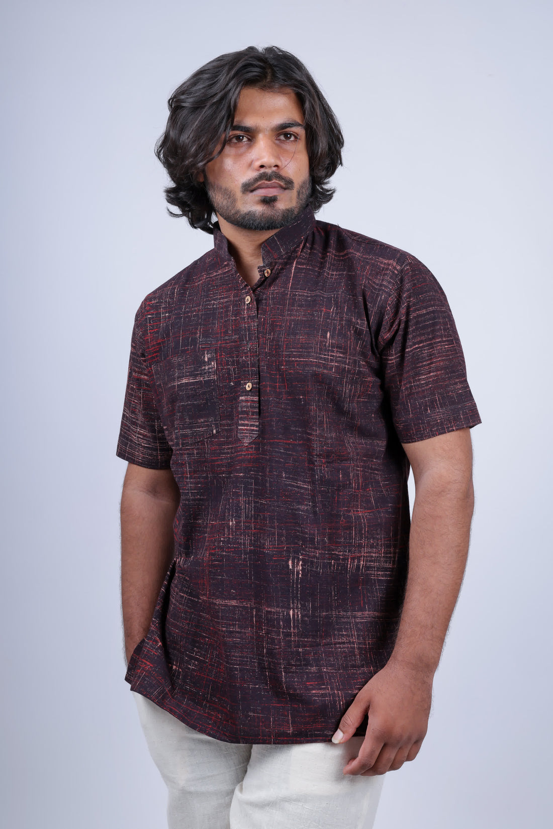 Cotton Brush Print Half Sleeves Short Kurta